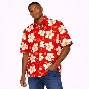Teahupoo Tahiti Hawaiian island floral short sleeves button red shirt Size: 2XL